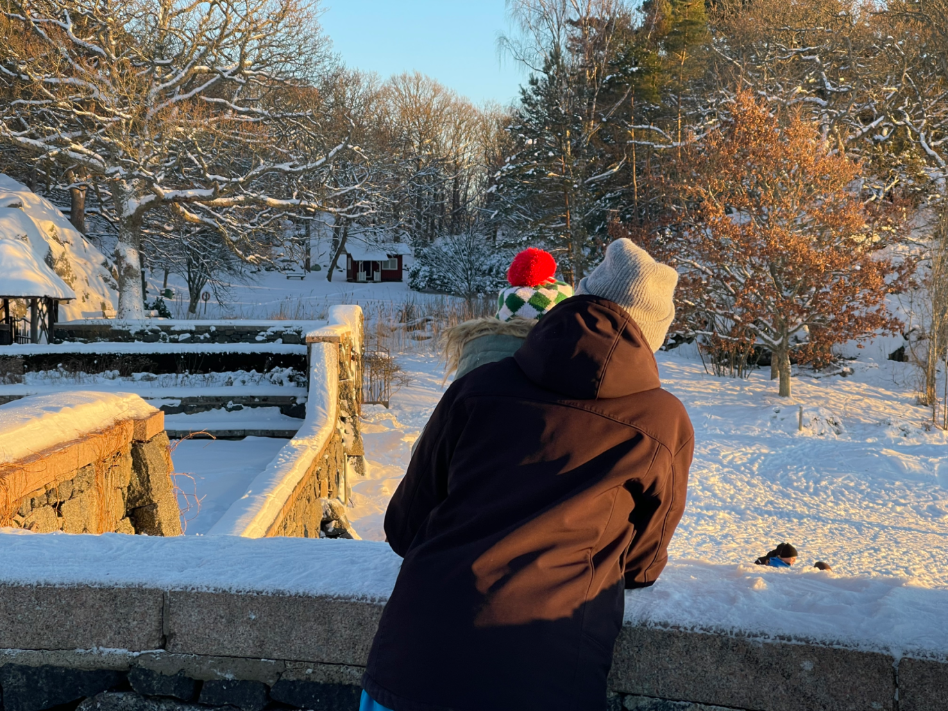 Tjolöholm Person står vid en snötäckt bro och betraktar en vinterlandskap.