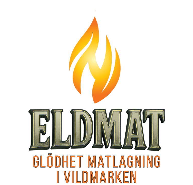 Logotyp för EldMat – en serie om matlagning över öppen eld i svensk vildmark, med texten "EldMat – Glödhet matlagning i vildmarken" och en f