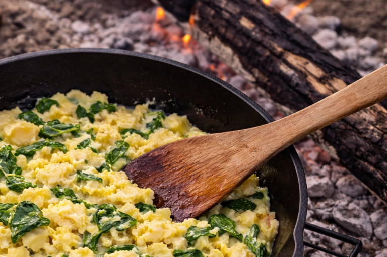 Äggröra med spenat i en stekpanna över öppen eld, träsked vid sidan.