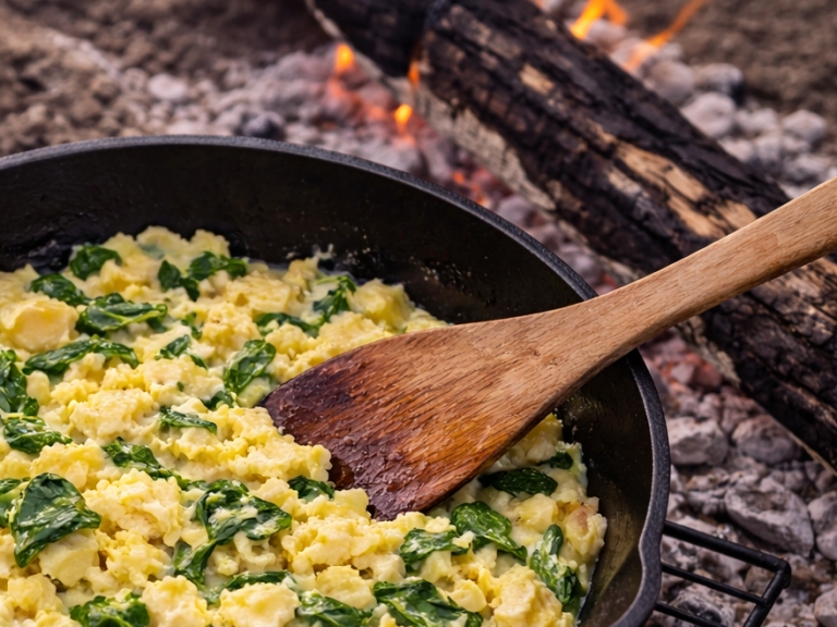 Stekt ägg med spenat i en svart panna, placerad vid en öppen eld.