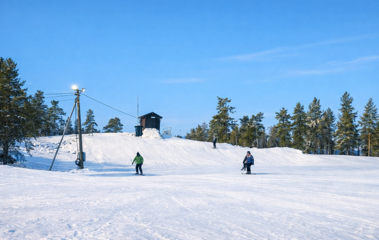 Två personer åker skidor på snöklädd backe med ett hus och träd i bakgrunden.