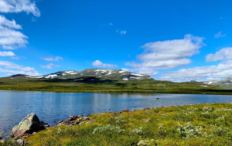 En klarblå himmel speglas i en sjö omgiven av grönskande ängar och snöklädda fjäll.