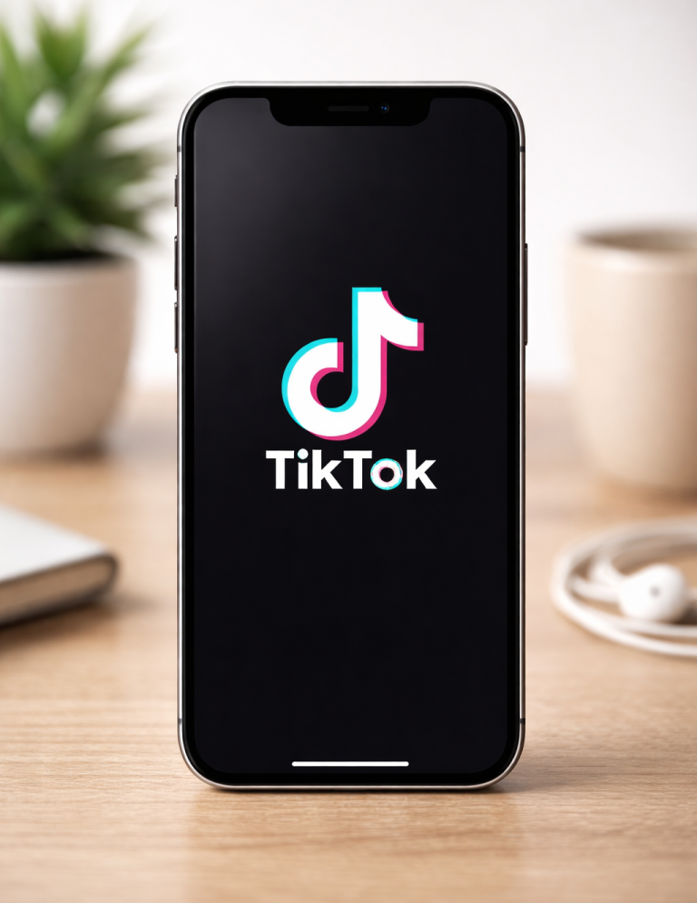 Smartphone med TikTok-logotyp på skärmen, placerad på ett bord med gröna växter.
