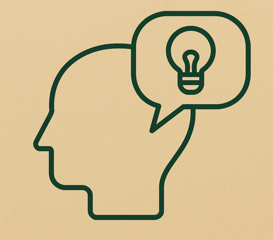 Silhuett av ett huvud med en pratbubbla innehållande en glödlampa.