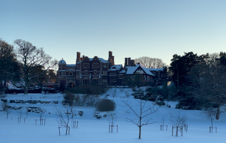 Ett snöigt landskap med en stor, gammal byggnad i bakgrunden. Träd är synliga i förgrunden.