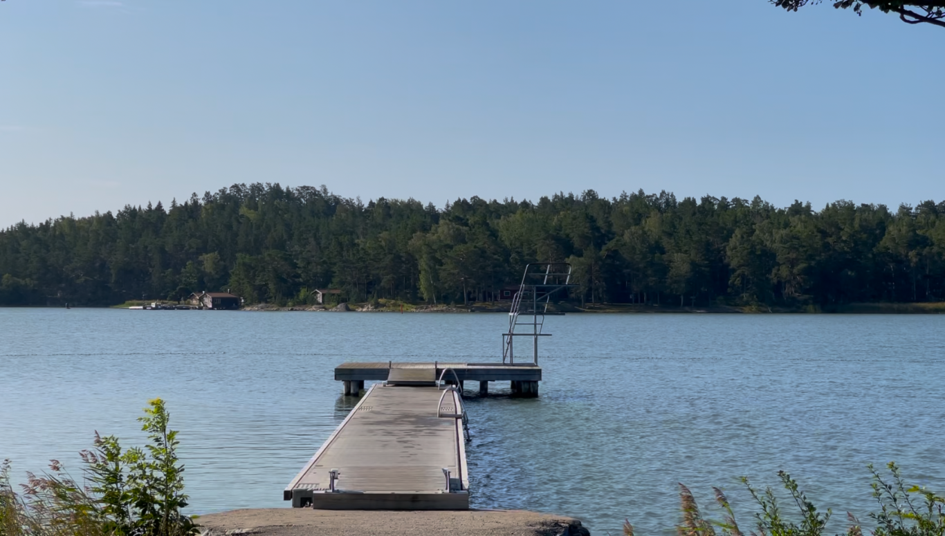 Badbryggan med hopptorn En brygga vid en lugn sjö omgiven av grönskande skog.