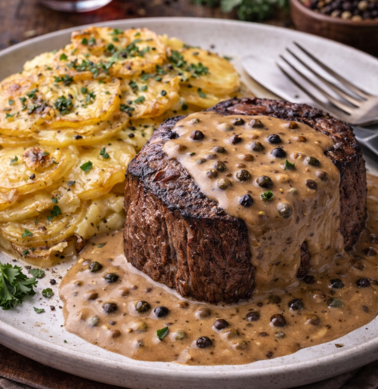 En tallrik med köttbit i sås, serverad med gratinerade potatisar.