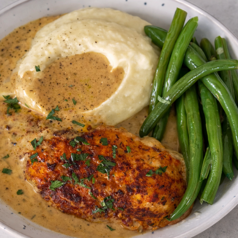 Ett fat med kyckling i sås, potatismos och grön bönor.