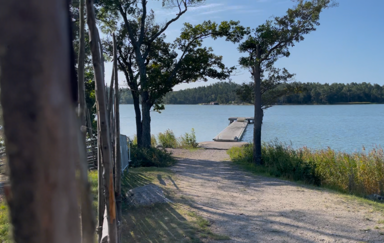Grusväg som leder till en brygga vid en lugn sjö med grönska kring.