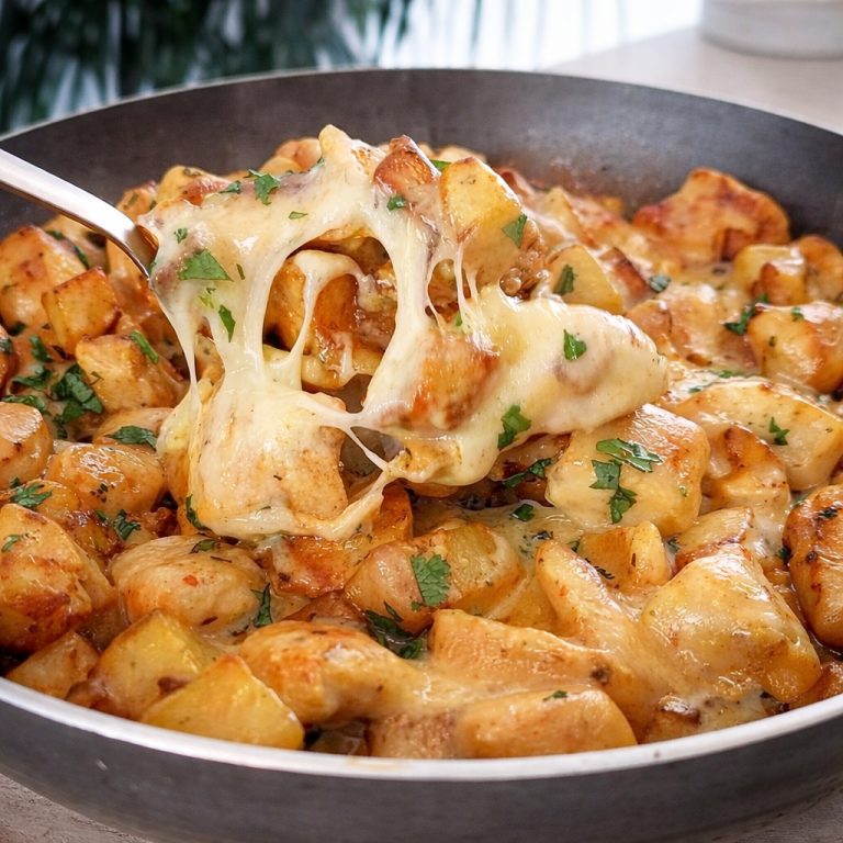 Köttbitar och potatis i en krämig sås med ost och örter.