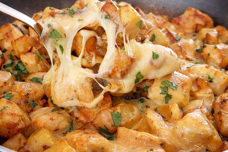 Ostiga potatisbitar med färsk persilja i en stekpanna.