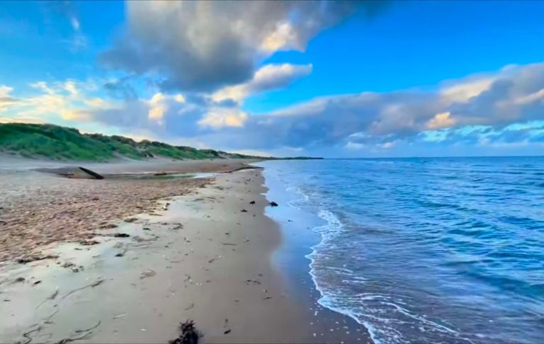 Sandstrand med lugna vågor och molnig himmel i bakgrunden.
