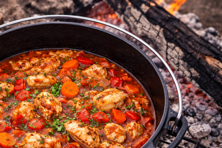 Grytan med kyckling, tomater och morötter lagas över öppen eld.