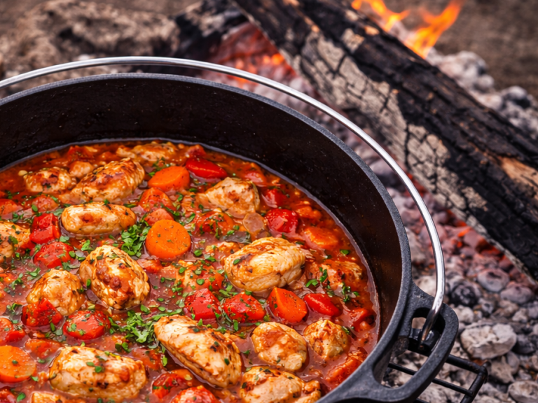 Grillad gryta med kyckling, tomater och morötter på öppen eld.