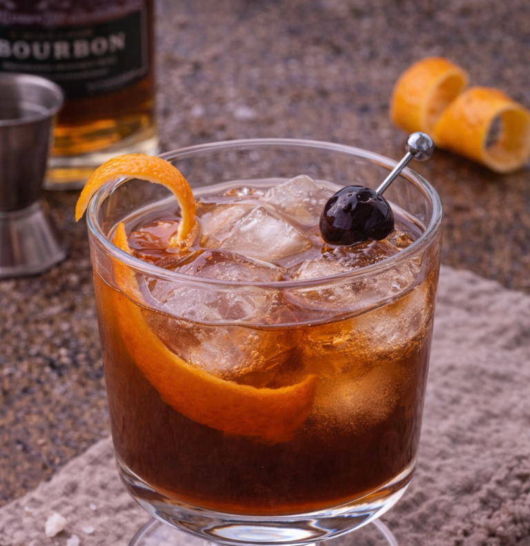 Bourboncocktail med is, svart körsbär och apelsinskal i ett glas.