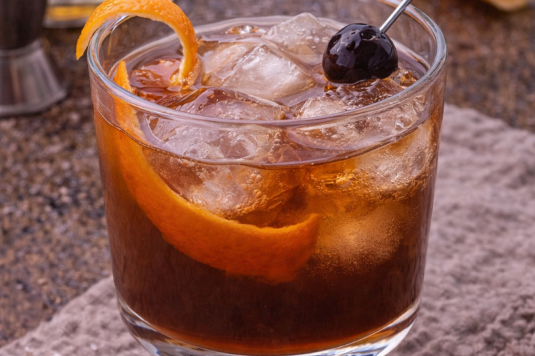 Whiskey cocktail med is, apelsinskal och ett körsbär.