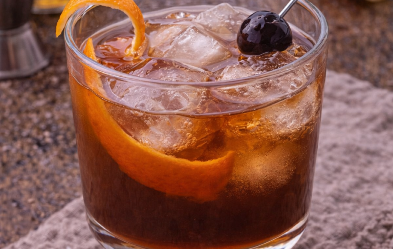 Ett glas med drink, isbitar, apelsinskal och ett körsbär på ett cocktailspett.