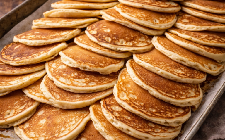 Högar med gyllenbruna pannkakor på en plåt.