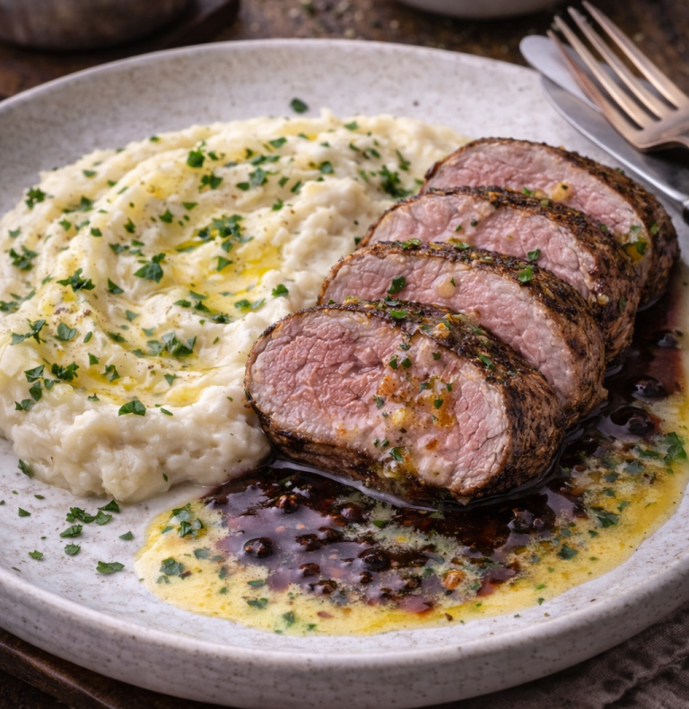 Tjock skiva av nötkött serverad med vitlökspuré och sås, garnerad med örter.