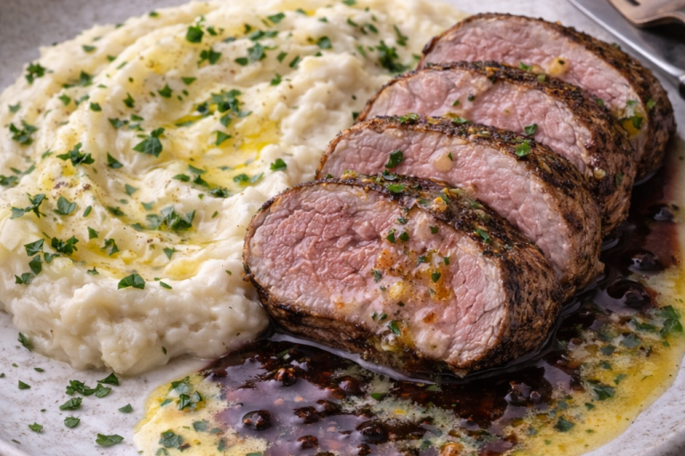 Skivad köttfärs med sås, serverad med potatismos och örter.