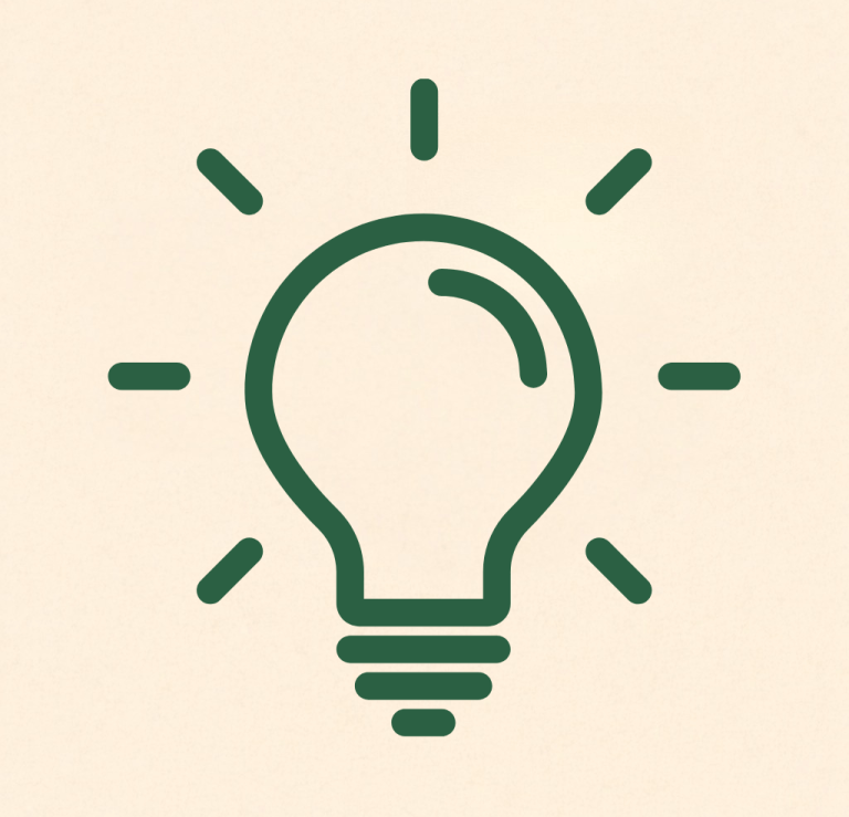 Glödlampa med strålar runt omkring, symboliserar idéer och inspiration.