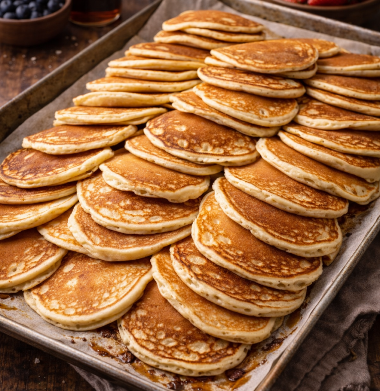 En plåt med många gyllenbruna pannkakor staplade i ordning.