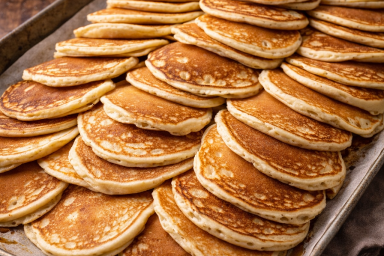 En plåt med flera staplar av gyllenbruna pannkakor.