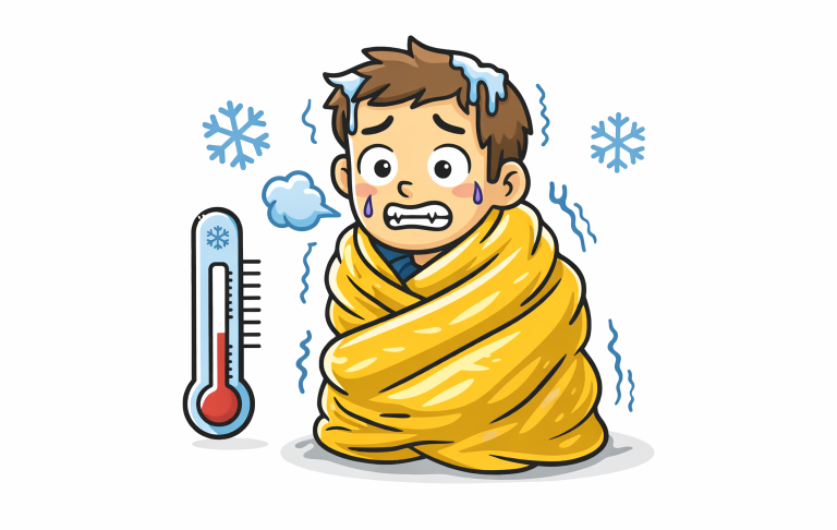 En frusen pojke svept i en gul filt med snöflingor och en termometer i bakgrunden.