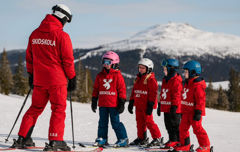 Skidlärare undervisar en grupp barn i röd skidkläder på snöig backe.