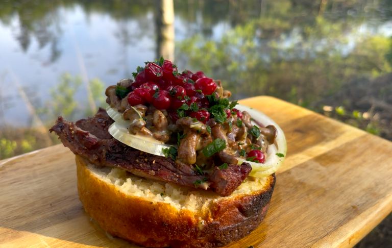 En skiva bröd med stekt kött, lök, svamp och röda lingon och sås, placerad vid en sjö.