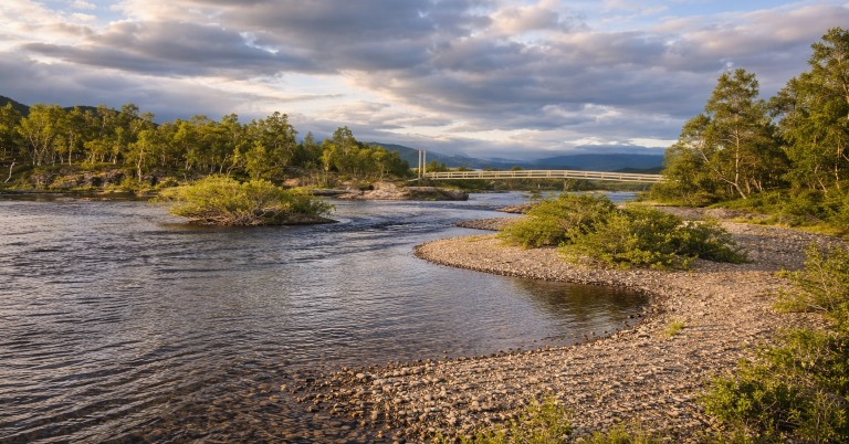 En flod med grönskande omgivning och molnig himmel, vid en sandbank.