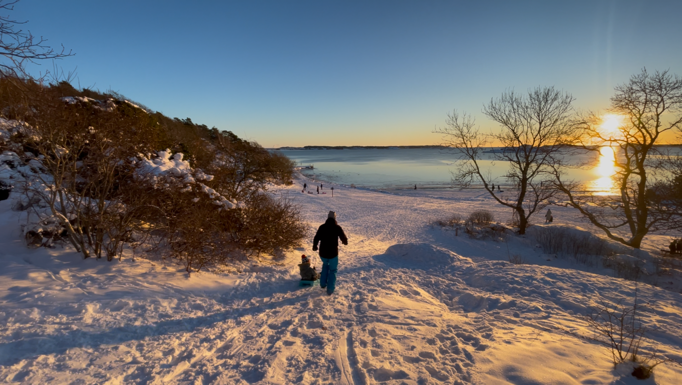 Pulka åkning Tjolöholm Person med hund går på snöig väg mot en sjö vid solnedgång.