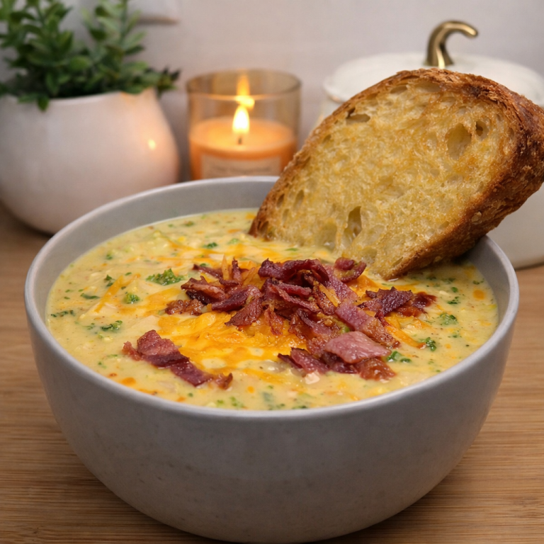 Kremig broccolisoppa med kyckling och knaperstekt bacon toppad med grönsaker.