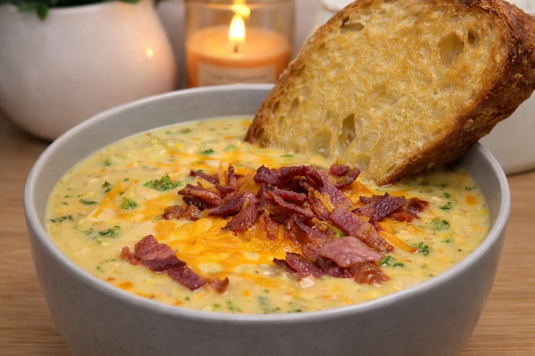 Krämig soppa med ost, bacon och grönsaker, serverad med rostad bröd.