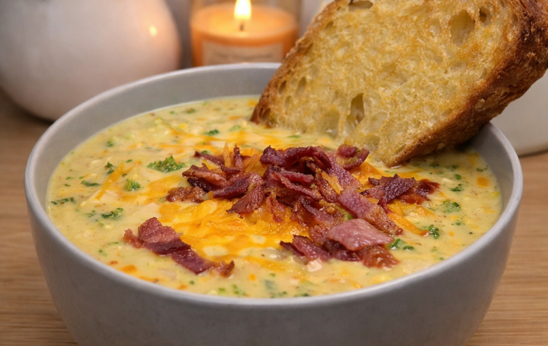 Kyckling och broccolisoppa med cheddar Krämig soppa med bacon, ost och brödskiva, omgiven av ljus och dekorationer.