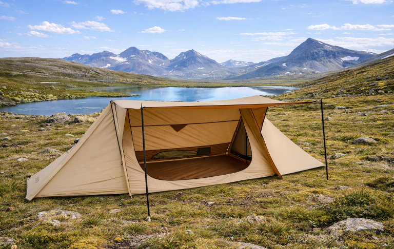 ett beiget Hot Tent på fjället Tält vid sjö med fjäll i bakgrunden och klarblå himmel.