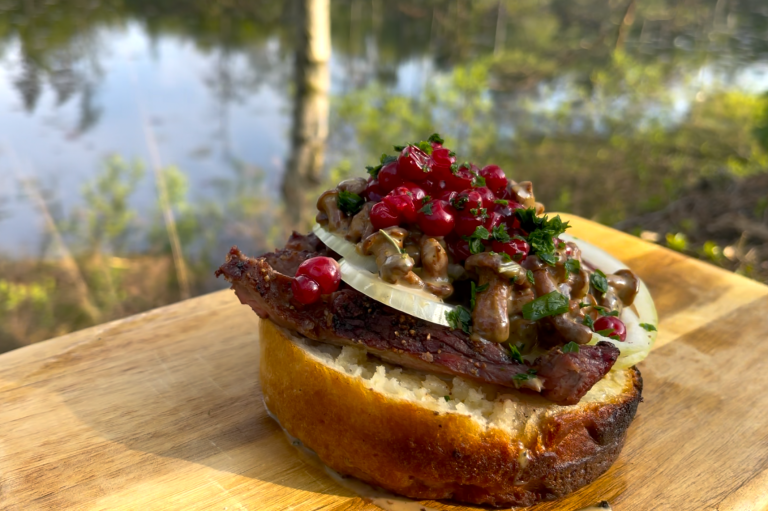 En smörgås med kött, lök, örter och lingon, framför en sjö med träd.