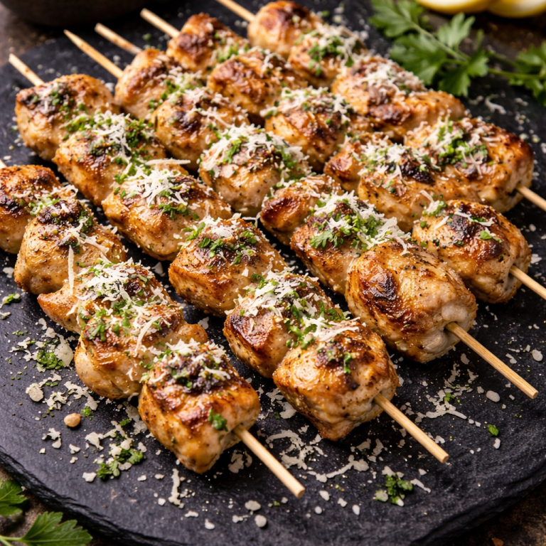 Grillade kycklingspett med örtkrydda på en svart platta.