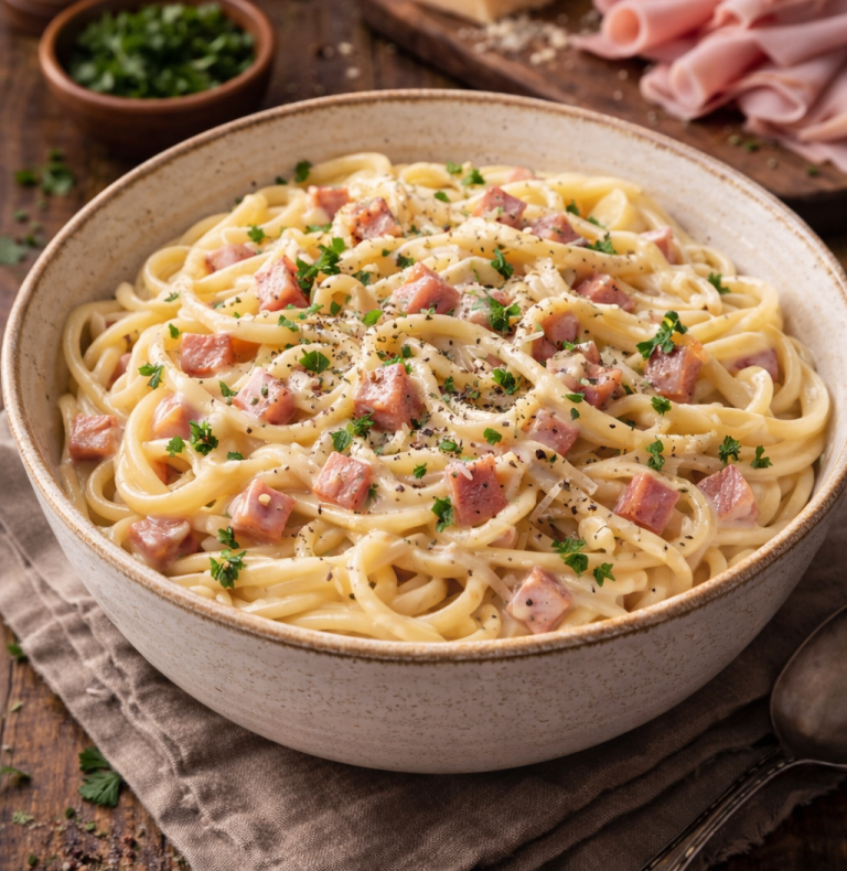 Krämig pasta med skinka och gräddig sås, garnerad med gräslök.