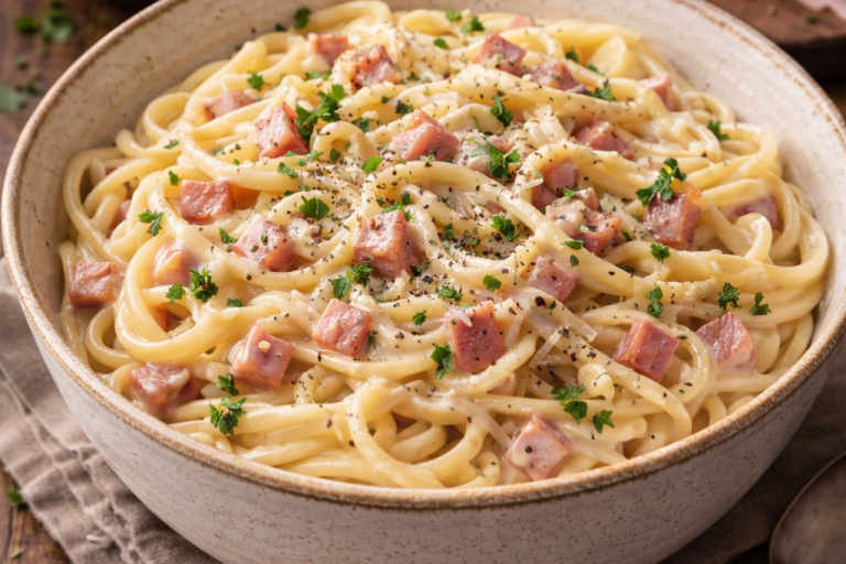 Krämig pasta med skinkbitar, toppad med pesto och riven ost.