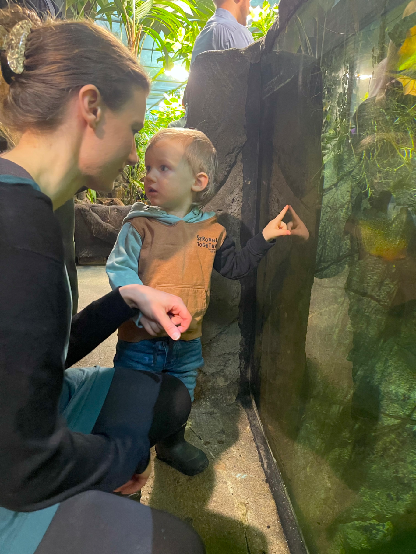 Pirayor En kvinna och ett barn tittar på fiskar genom ett akvarium.