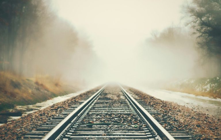 Tågspår genom dimma med omgivande träd och gräs.