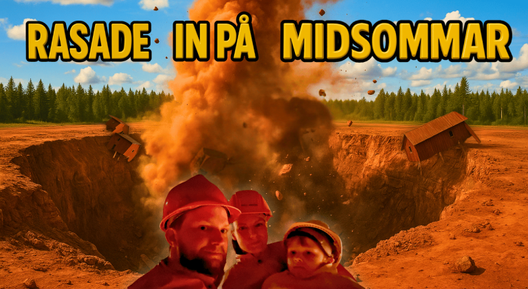 Vårt besök i Falu koppargruva Tre personer står framför en stor krater med rök och explosion i bakgrunden.