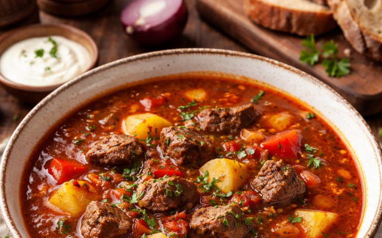 Köttgryta med potatis, morötter och örter, serverad med bröd och en klick gräddfil.