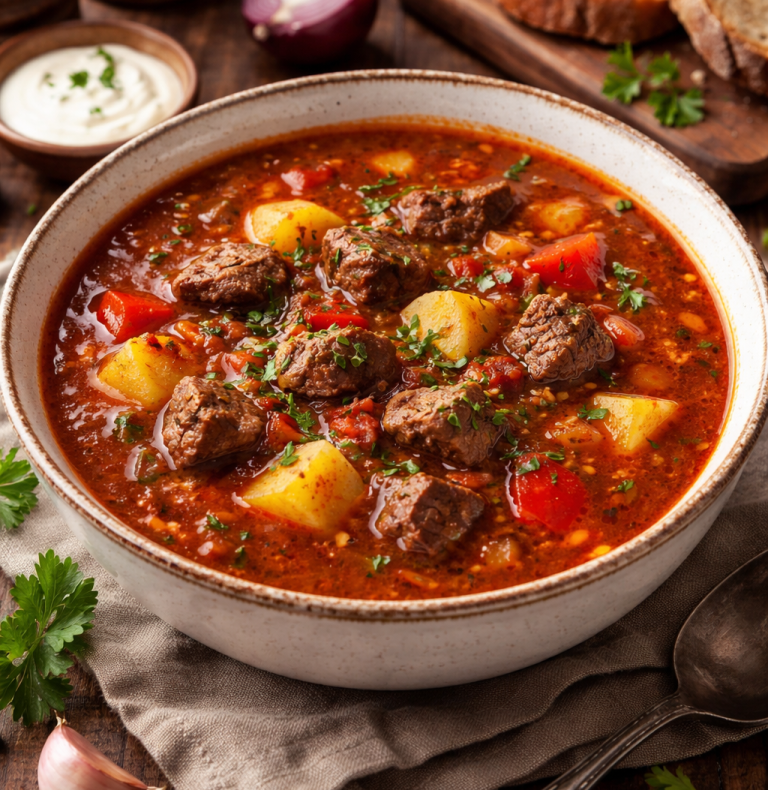 Köttgryta med potatis, paprika och örter i en skål, dekorerad med gräddfil.