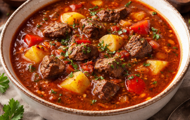 Köttgryta med potatis, tomater och örter i en vit skål.