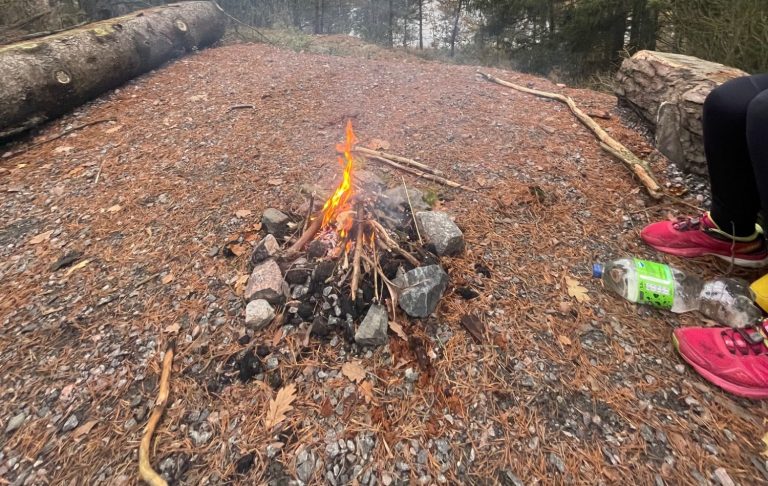 Ett bål av stenar och ved på en grusig plats i skogen.