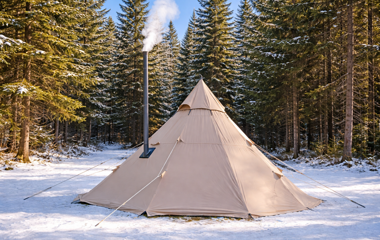 Hot tent canvas tipi tält Tält i snöklädd skog med granar och rök som stiger från en skorsten.