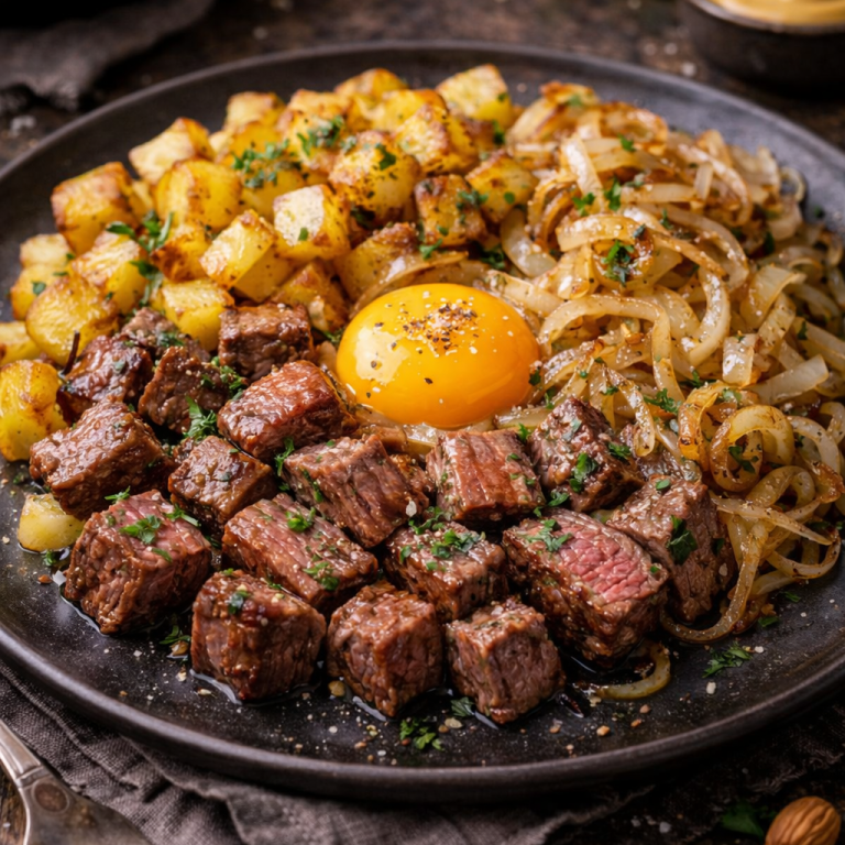 En tallrik med stekt kött, potatis, lök och ett stekt ägg.