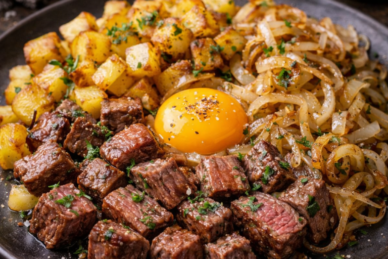 Stekt kött med potatis, lök och ett rått ägg i mitten.